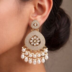 Gold-Tone Kundan Chandbali Earrings | Traditional Indian Pearl Drop Jewelry